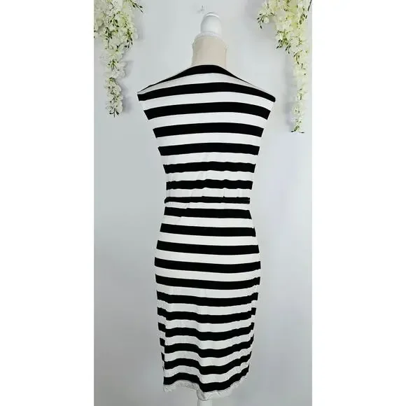 New Calvin Klein Size 6 Black White Striped Dress Belted Classic Chic Career - Picture 3 of 16
